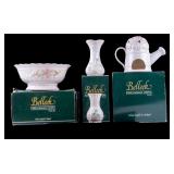 4 Belleek Porcelain Vases, Votive & Bowl