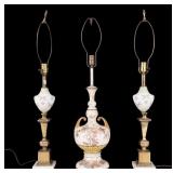 2 Brass & Art Glass + 1 Porcelain Painted Lamp