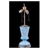 Mary Gregory Painted Blue Milk Glass Lamp