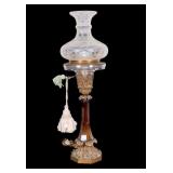 Empire Bronze & Crystal Lamp, Etched Glass Shade