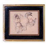 Signed Belly Dancer Mixed Media Drawing