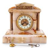 French White Onyx 8-Day Brass Mantle Clock w/ Key