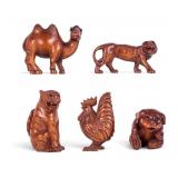 Five Carved Wooden Animal Netsuke
