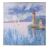 Vintage Pastel Toned Oil on Canvas of Lighthouse