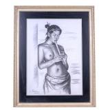 Asian Woman Playing Flute Print on Textured Paper