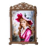 19th C Painted Porcelain Plaque in Bronze Frame
