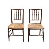 Pair Antique 19th C Spindle Back Rush Seat Chairs