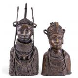 African Benin Cast Bronze Royal Busts, Oba & Queen