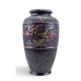 Japanese Black Ceramic Vase with Bird Motif