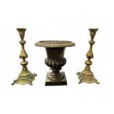 Cast Metal Planter and 2 Tall Copper Candlesticks