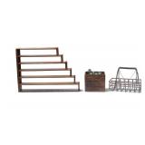Vintage Metal Caddy, Bottles, Wood Containers