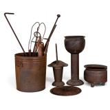 Vintage Brass Bucket / Container and Iron Tools