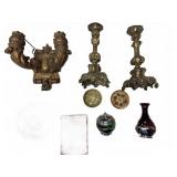 Pair Antique Gilt Copper Sconces and Mixed Lot