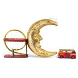 Hanging Moon Sculpture + 2 Vintage Metal Toys