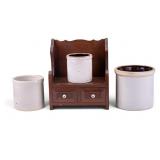 Wooden Two-Drawer Shelf & 3 Stoneware Crocks