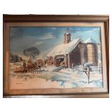 Fred T. Fay Watercolor Winter Barn Scene