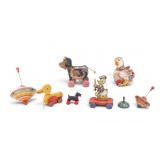 Vintage Wooden Pull Toys, Tops, and Toy Bell