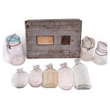 Vintage Metal Egg Crate, Ball Jars, Glass Bottles