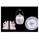 Porcelain Figural Bookends, Ice Bucket, Plate