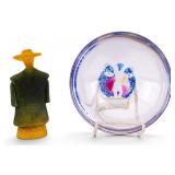 Kosta Boda Glass Man in Green Trench Coat & Bowl