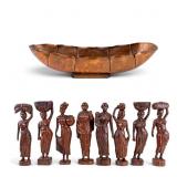 SE Asian Figural Wood Carvings (8pcs), Copper Bowl
