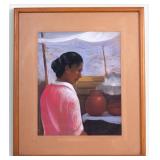 Signed & Framed Pastel on Paper of Native Potter