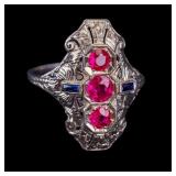 18K Art Deco Filigree Cocktail Ring With Rubies
