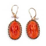 14k Gold Victorian Red Coral Cameo Earrings