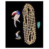 Pearl Necklace and Toucan Bird Pins