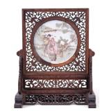 Chinese Rosewood Table Mirror w/ Painted Plaque