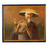 Oil on Canvas Chinese Man Smoking a Pipe