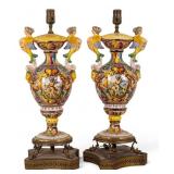 Vintage Italian Majolica Urn Table Lamps Pair