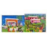2 Errol Darling Jamaican Folk Art O/c Paintings