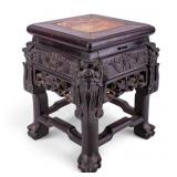 Antique Chinese Carved Hardwood Taboret Marble Top