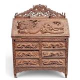 Chinese Export Carved Slant-Front Secretary Desk