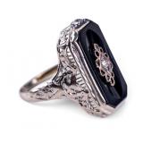 14k White Gold Antique Onyx & Diamond Ring