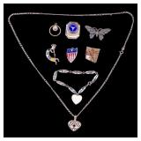 Sterling Silver Pins, Necklace, and Bracelet