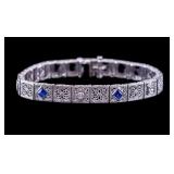 14k White Gold Antique Diamond & Sapphire Bracelet