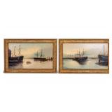 Pair of Oil on Board American School Harbor Scenes