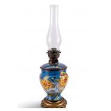 Antique Painted Opaline Glass Floral Oil Lamp GWTW