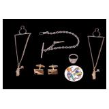 Lucien Piccard 14k Gold Cufflinks, SS Ring & a FOB