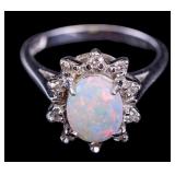 Vintage 14k White Gold Opal & Diamond Ring
