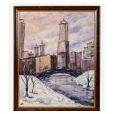 Signed Mid-Century Winter Cityscape O/c
