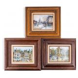 Three Signed European Cityscape Oil on Board Paint