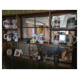 contents on shelf behind bar