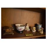 shelf lot with wood music box