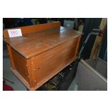 PINE TOY BOX WITH RACE TRACK LID IS BROKE