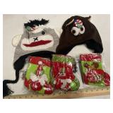 (2) kids winter hats (3) mini Christmas stockings