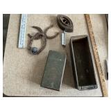 Misc Horse shoes, sad iron, and boxes