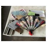 3 oriental fans and 1 pair of chopsticks